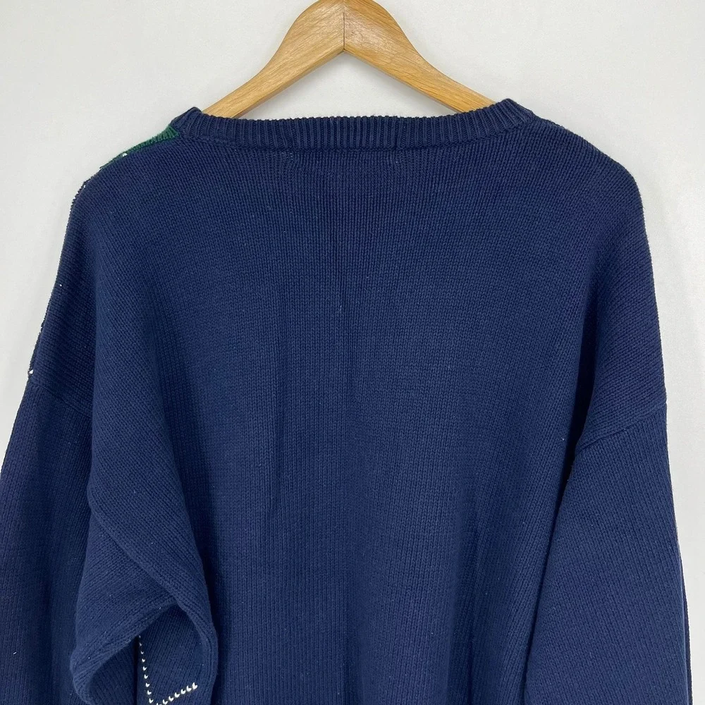 John Ashford Golf Mens XL Argyle Cotton Knit Sweater Navy Green Golf Bag Logo